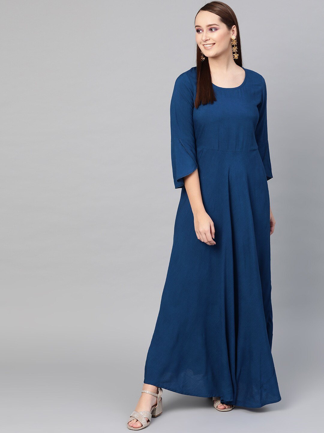 Women's  Blue Solid Fit and Flare Dress
