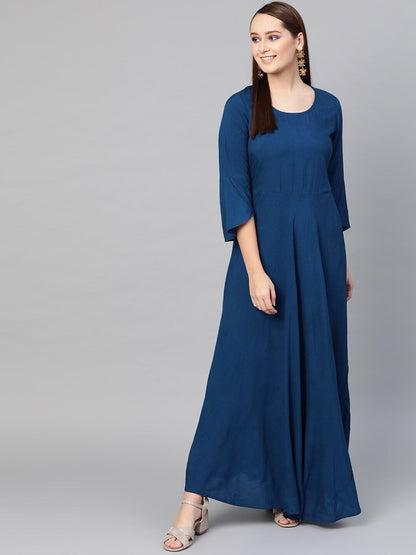 Women's  Blue Solid Fit and Flare Dress