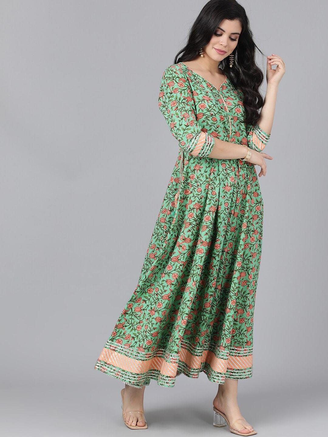 Women's  Green & Peach-Coloured Striped Anarkali Kurta