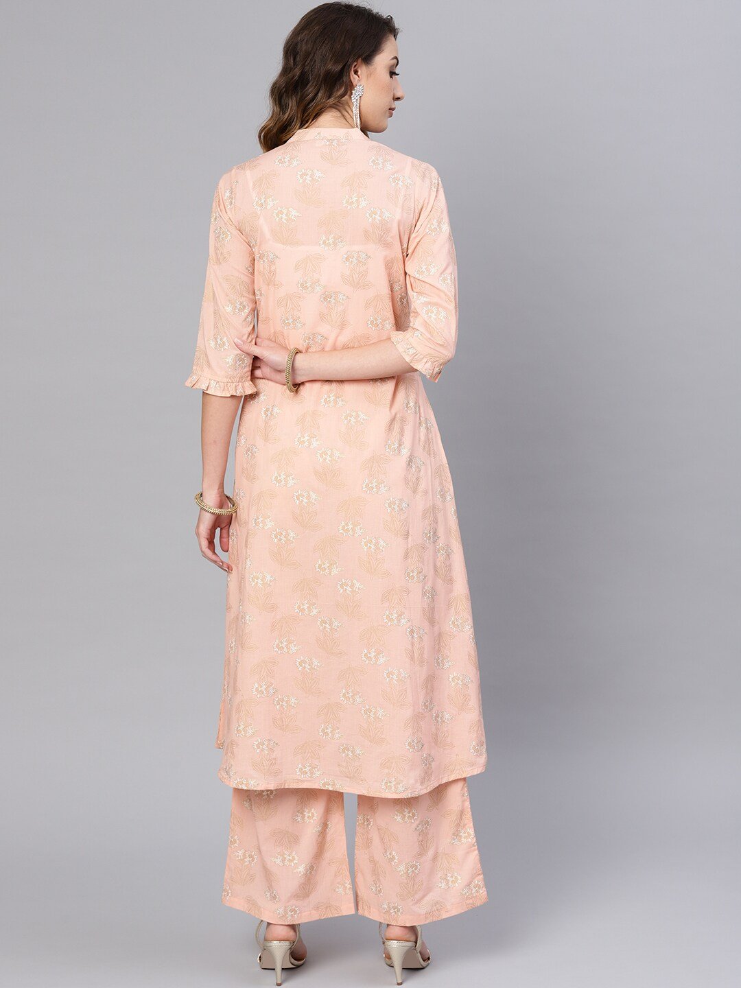 Women's  Peach-Coloured & Golden Floral Print A-Line Kurta