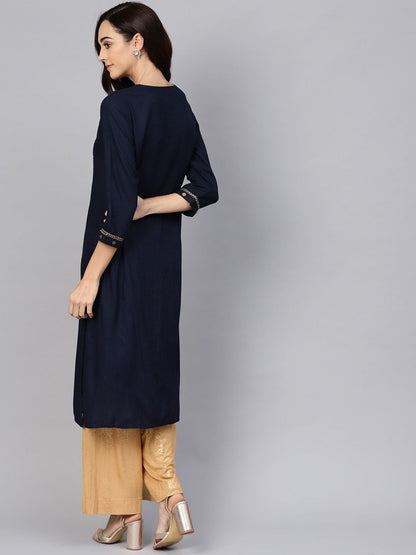 Women's Navy Blue & Golden Yoke Design Straight Kurta