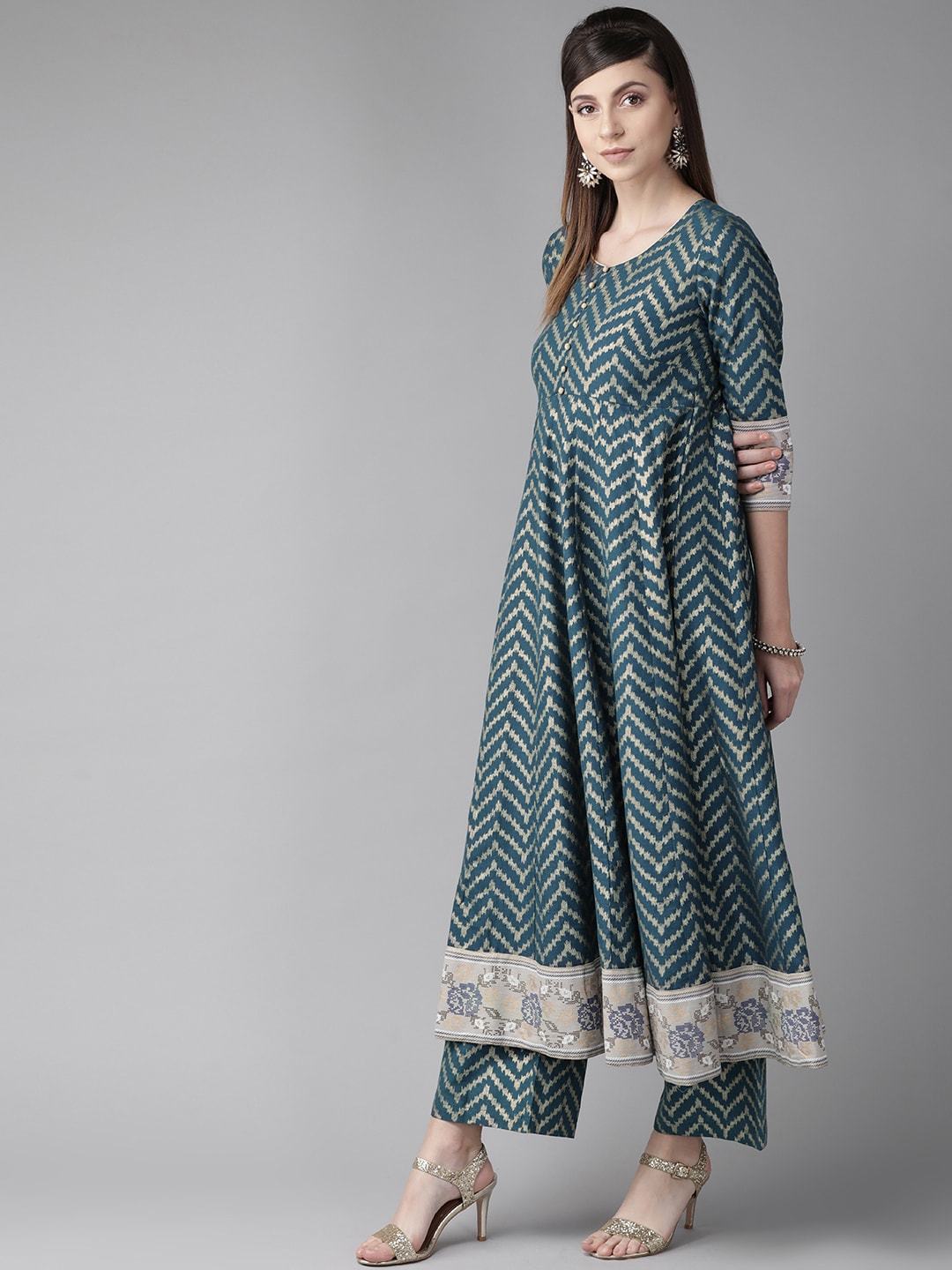 Women's  Teal Blue & Golden Chevron Print Anarkali Kurta
