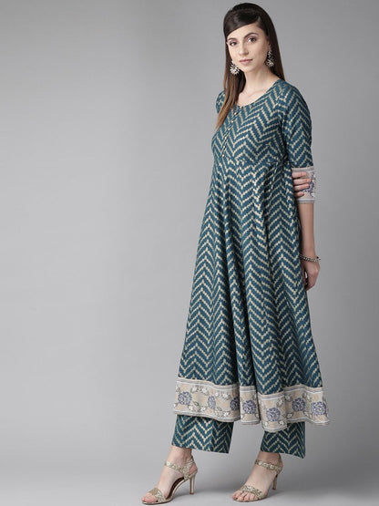 Women's  Teal Blue & Golden Chevron Print Anarkali Kurta