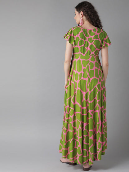 Women's  Green & Pink Printed Anarkali Kurta