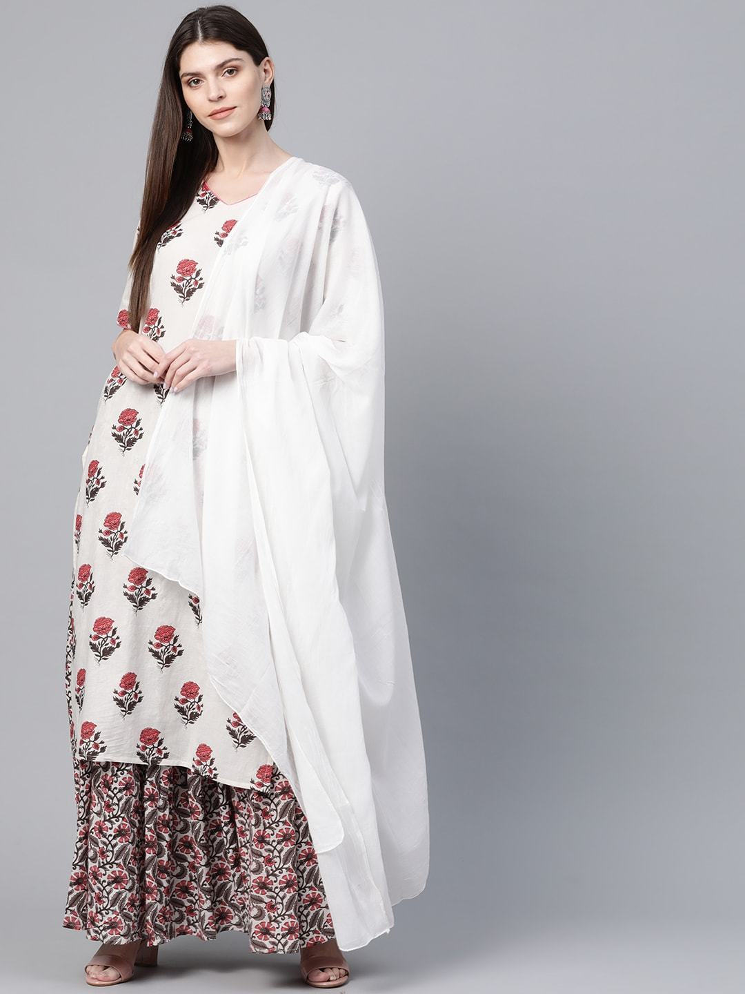 Women's  Off-White & Pink Printed Kurta with Skirt & Dupatta