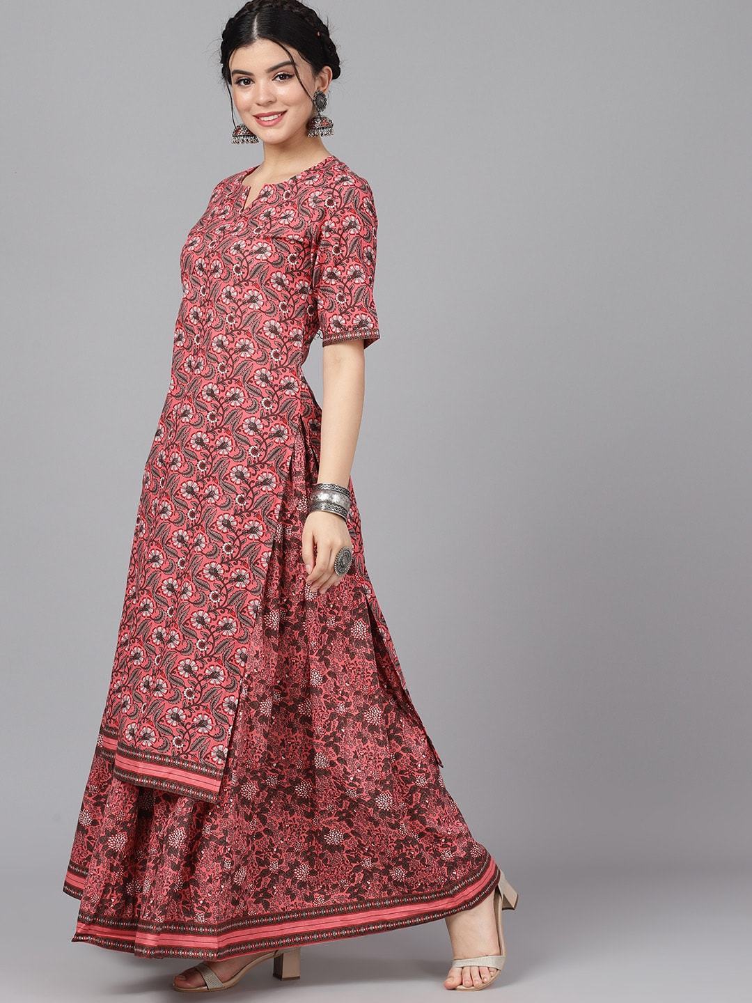 Women's  Mauve & Charcoal Grey Floral Print Kurta with Skirt