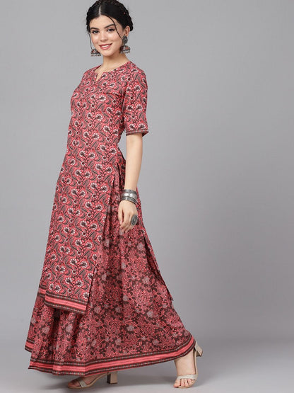 Women's  Mauve & Charcoal Grey Floral Print Kurta with Skirt