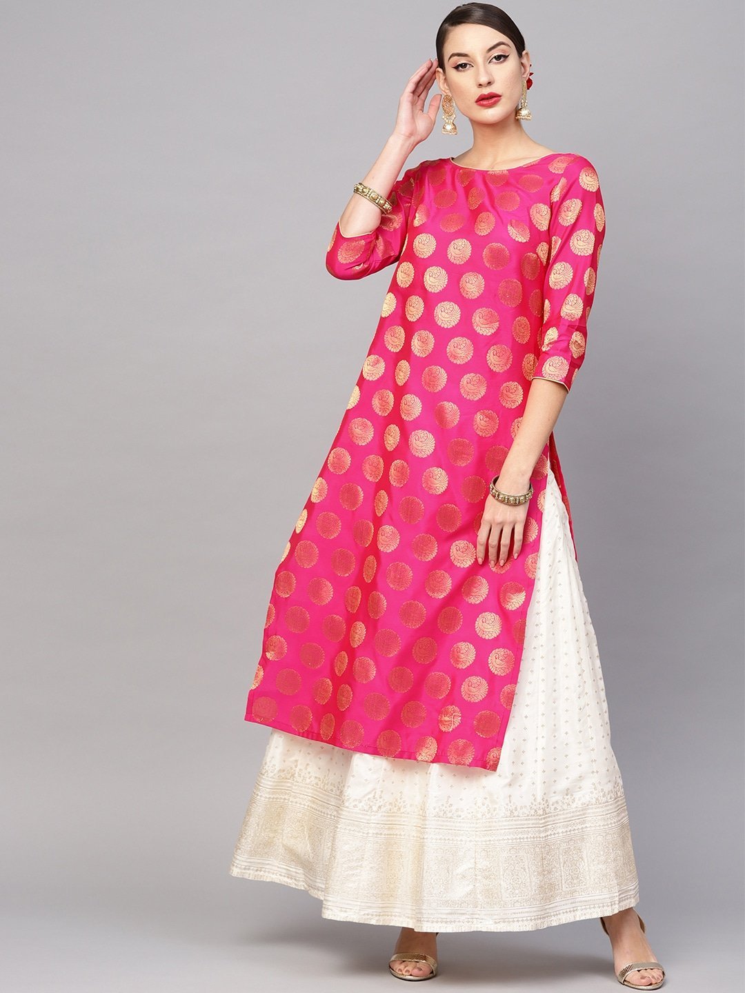 Women's  Pink & Golden Woven Design Straight Kurta
