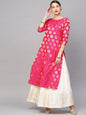 Women's  Pink & Golden Woven Design Straight Kurta