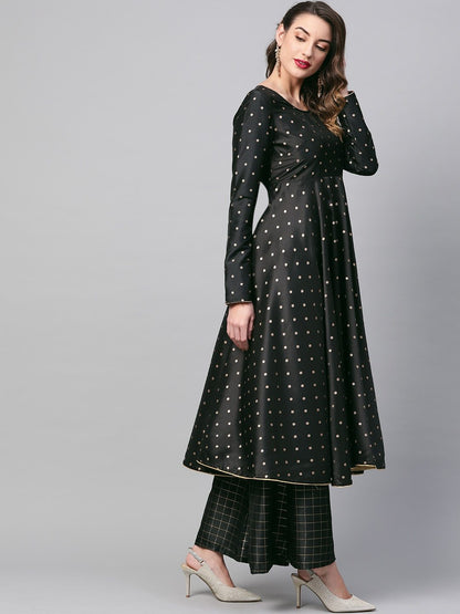 Women's  Black & Golden Woven Design Anarkali Kurta