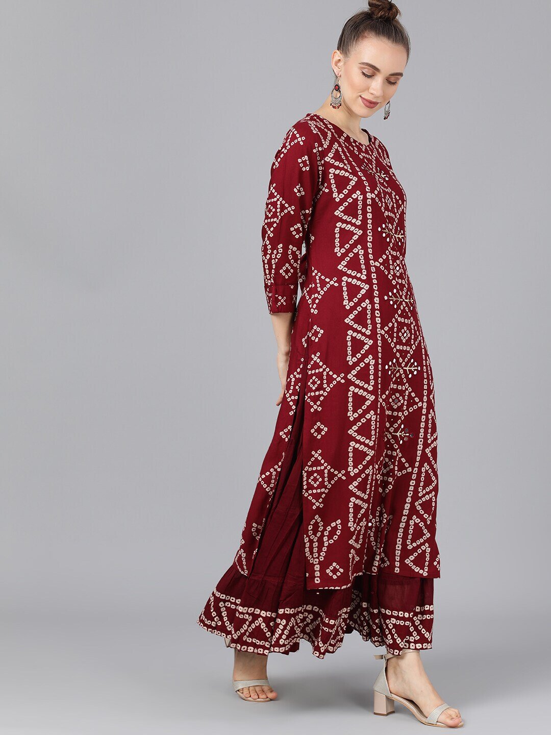 Women's  Maroon Printed Kurta with Skirt