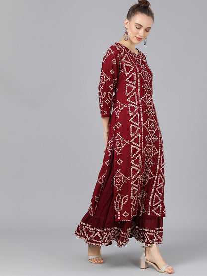 Women's  Maroon Printed Kurta with Skirt