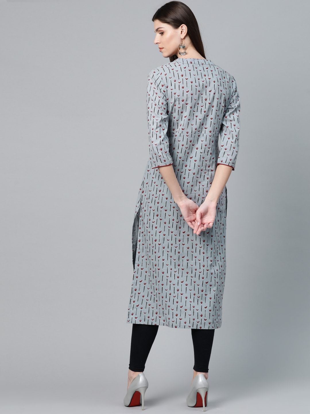 Women's  Grey & Maroon Printed Straight Kurta