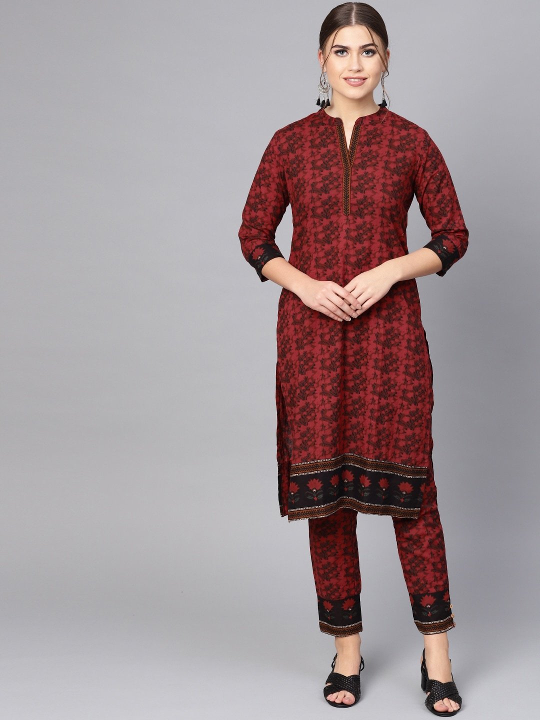 Women's  Maroon & Black Printed Kurta with Trousers