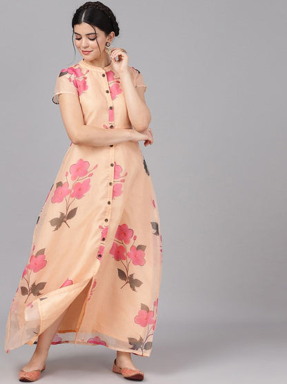 Women's  Cream-Coloured Printed Maxi Dress