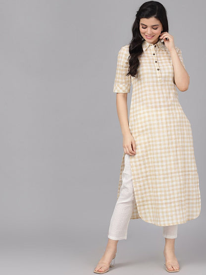 Women's  Cream-Coloured & White Checked Yarn Dyed Pathani Kurta