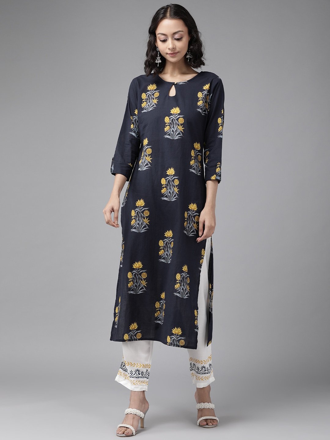 Women's Navy Blue & Mustard Kurta Set