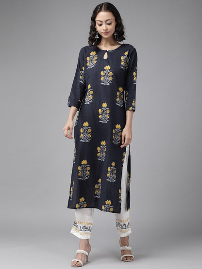 Women's Navy Blue & Mustard Kurta Set