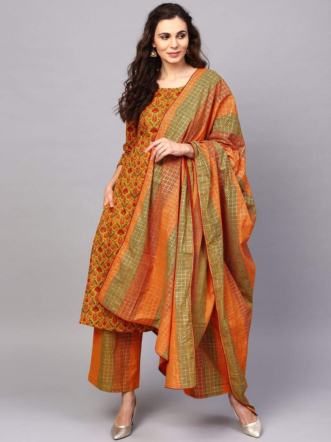 Women's Mustard Khari Print Cotton Kurta With Palazzos & Dupatta