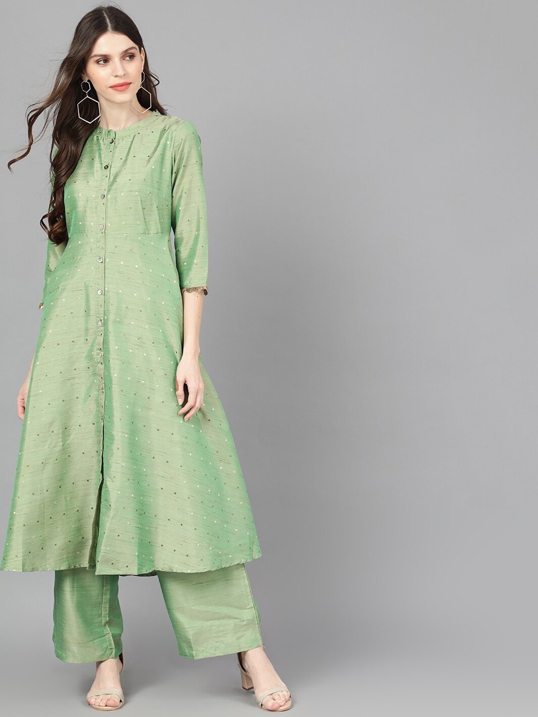 Women's  Green Woven Design A-Line Kurta