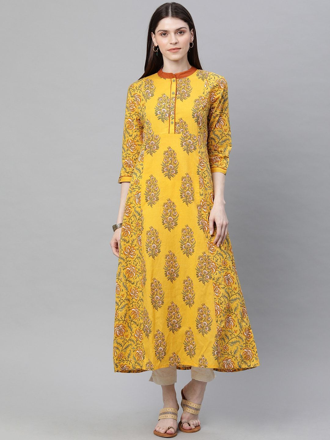 Women's  Mustard Yellow Printed A-Line Kurta