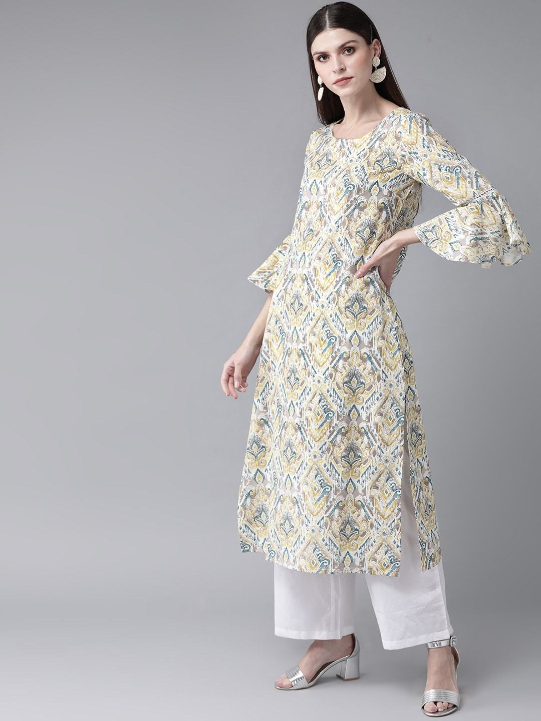 Women's  White & Grey Printed Straight Kurta