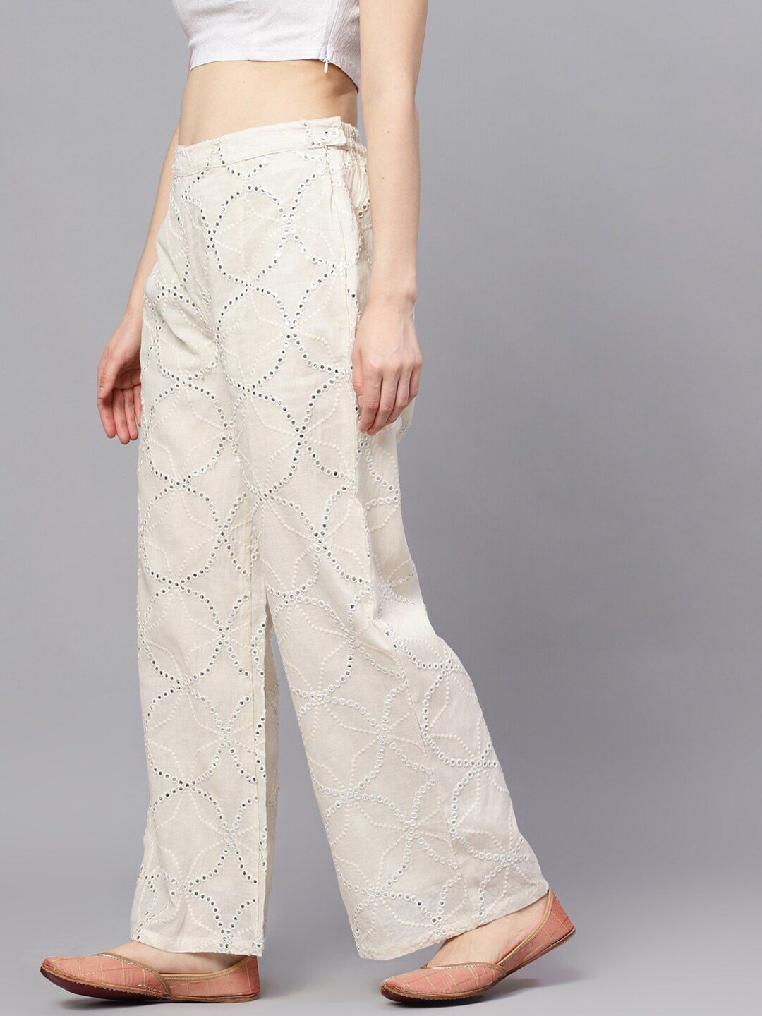 Women's  White Embroidered Wide Leg Palazzos