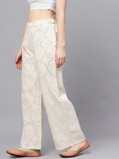 Women's  White Embroidered Wide Leg Palazzos