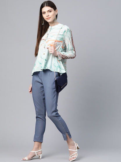 Women's  Sea Green & Orange Abstract Printed A-Line Tunic