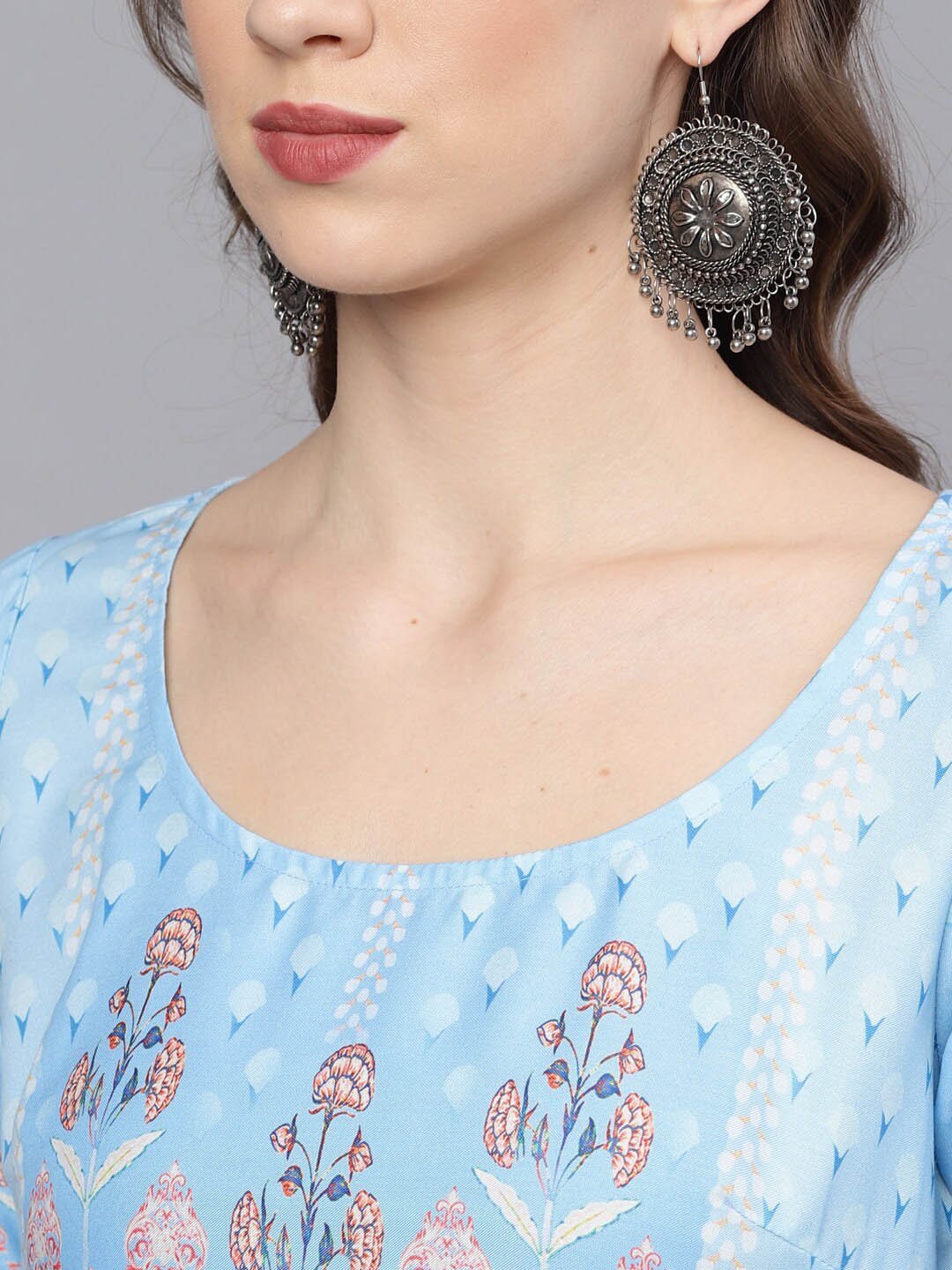 Women's  Blue & White Printed A-Line Kurta