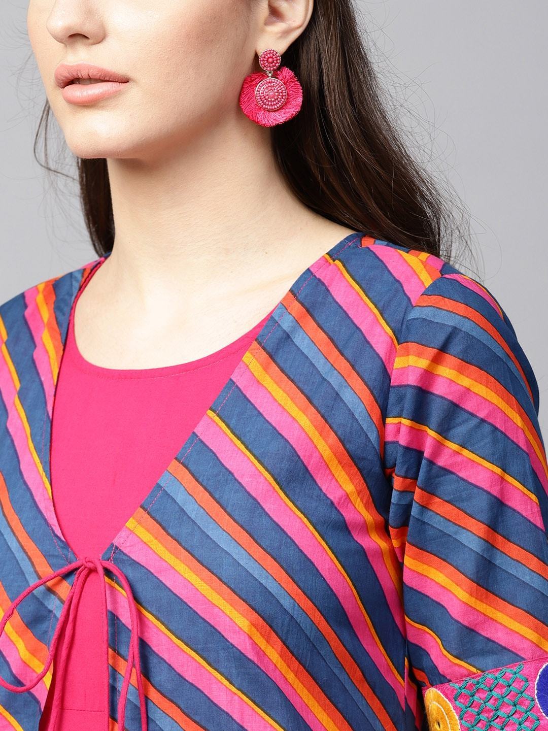 Women's  Blue & Magenta Leheriya Print Layered Anarkali Kurta