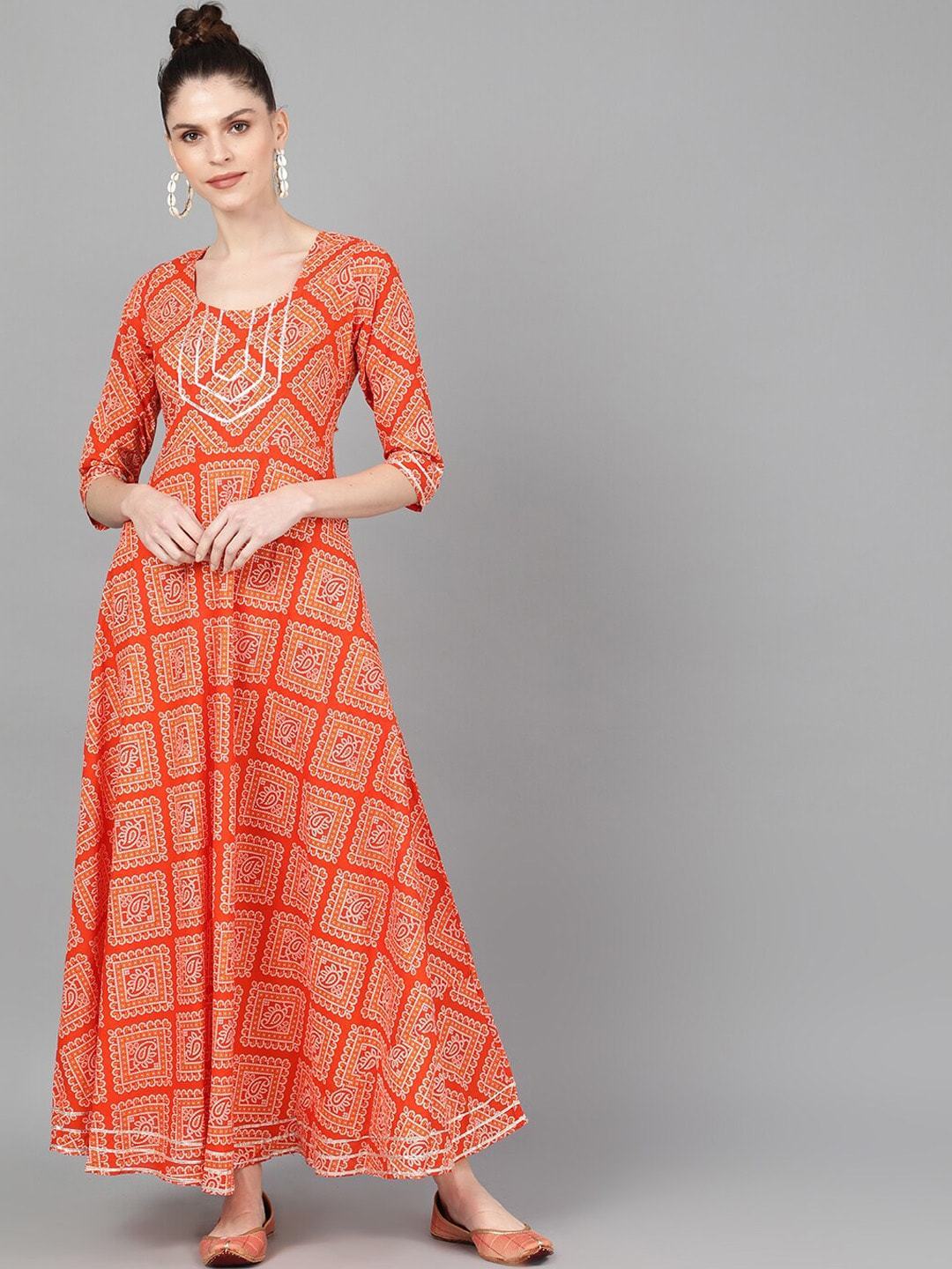 Women's  Orange  Bandhani Printed Maxi Dress