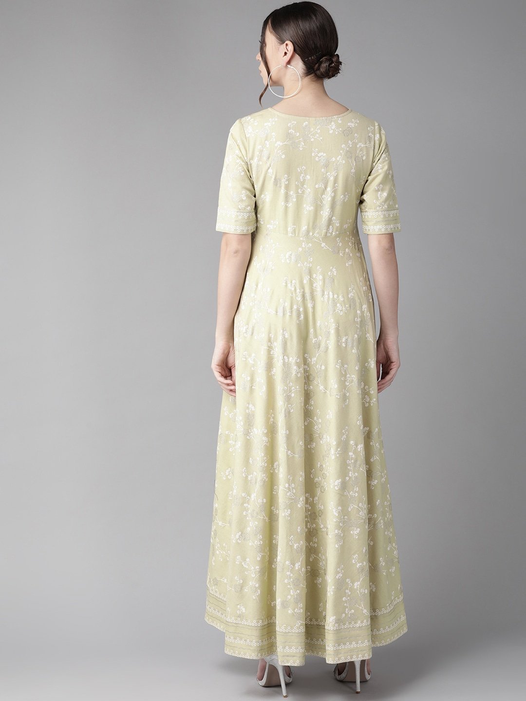 Women's  Beige & White Khari Print Bias Cut Maxi Dress