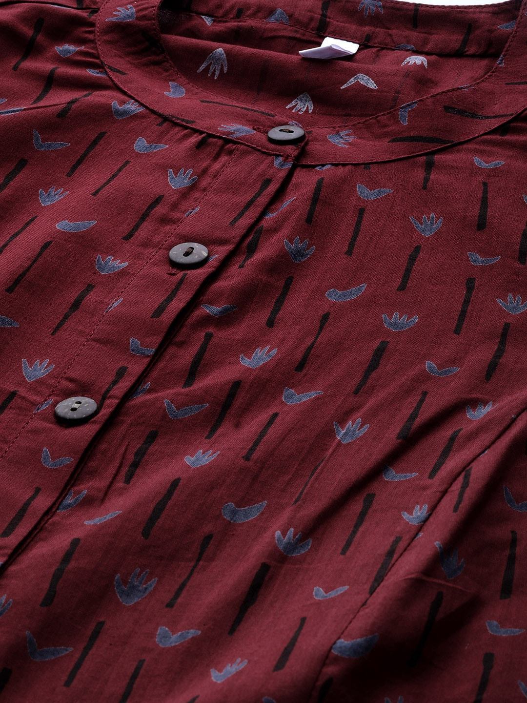 Women's  Maroon & Blue Printed A-Line Kurta