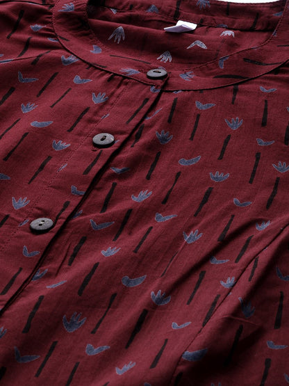 Women's  Maroon & Blue Printed A-Line Kurta