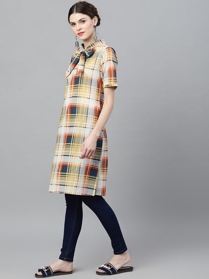 Women's  Yellow & Blue Checked Pathani Kurta