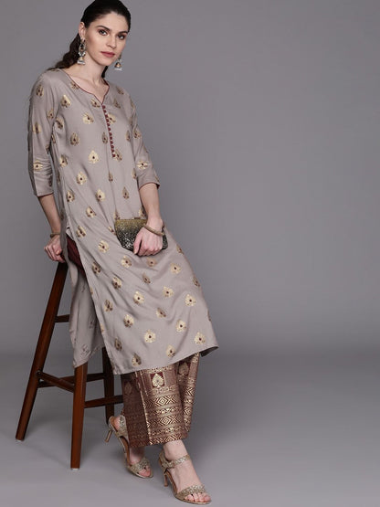 Women's  Grey & Maroon Printed Kurta with Palazzos