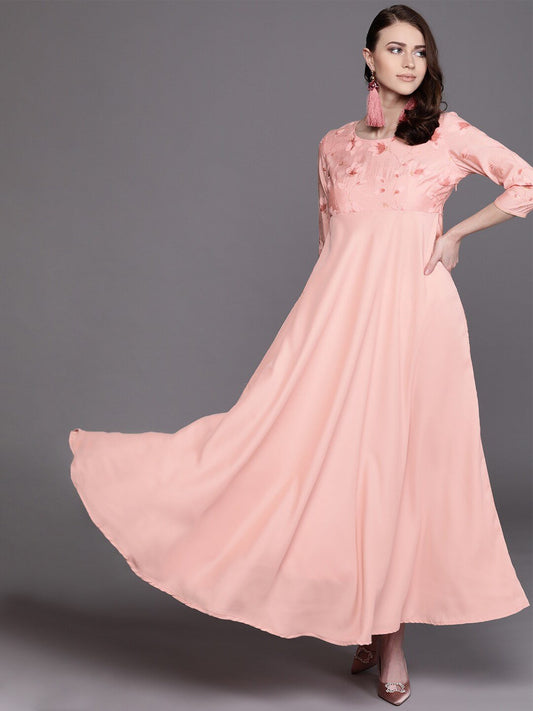 Women's  Pink Printed Detail Satin Finish Empire Maxi Dress