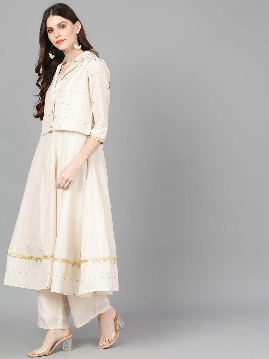 Women's  Off-White Self Design Kurta with Palazzos & Jacket