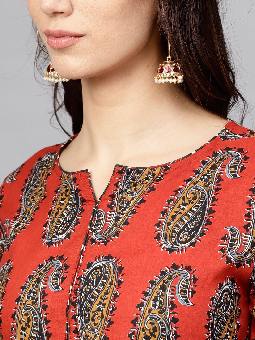 Women's  Rust Orange & Green Printed Tiered Anarkali Kurta