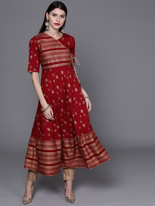 Women's  Maroon & Golden Screen Print Angrakha Anarkali Kurta