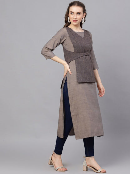 Women's  Grey & Blue Yoke Design A-Line Kurta