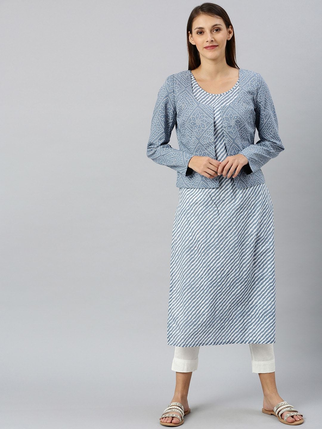 Women's  Blue Striped Straight Kurta & Jacket