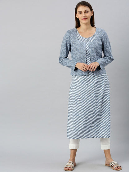Women's  Blue Striped Straight Kurta & Jacket