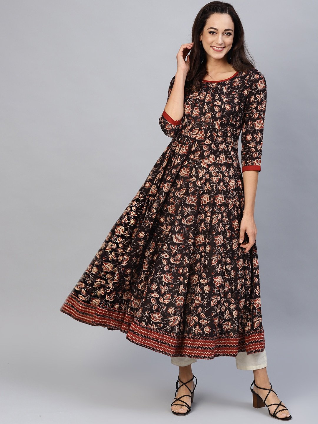 Women's  Coffee Brown & Maroon Printed Anarkali Kurta with Ethnic Jacket