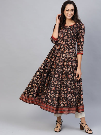 Women's  Coffee Brown & Maroon Printed Anarkali Kurta with Ethnic Jacket