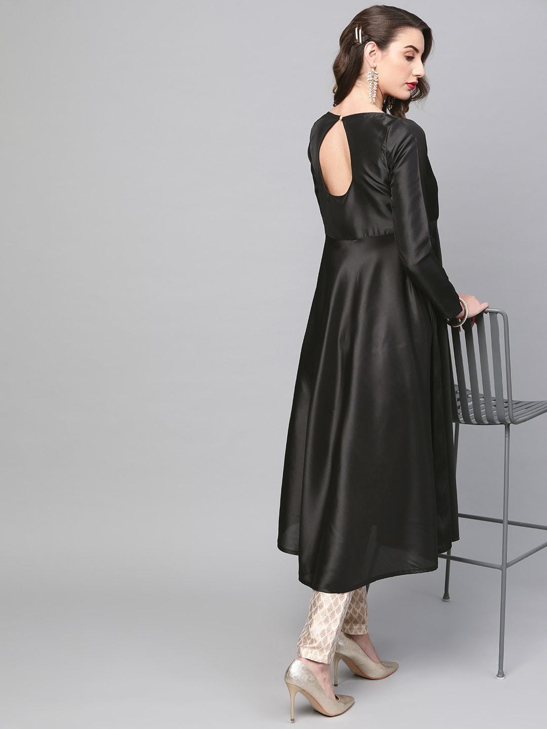 Women's  Black Solid Satin Finish Anarkali Kurta