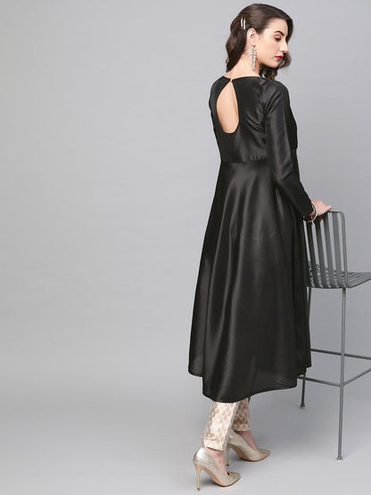 Women's  Black Solid Satin Finish Anarkali Kurta