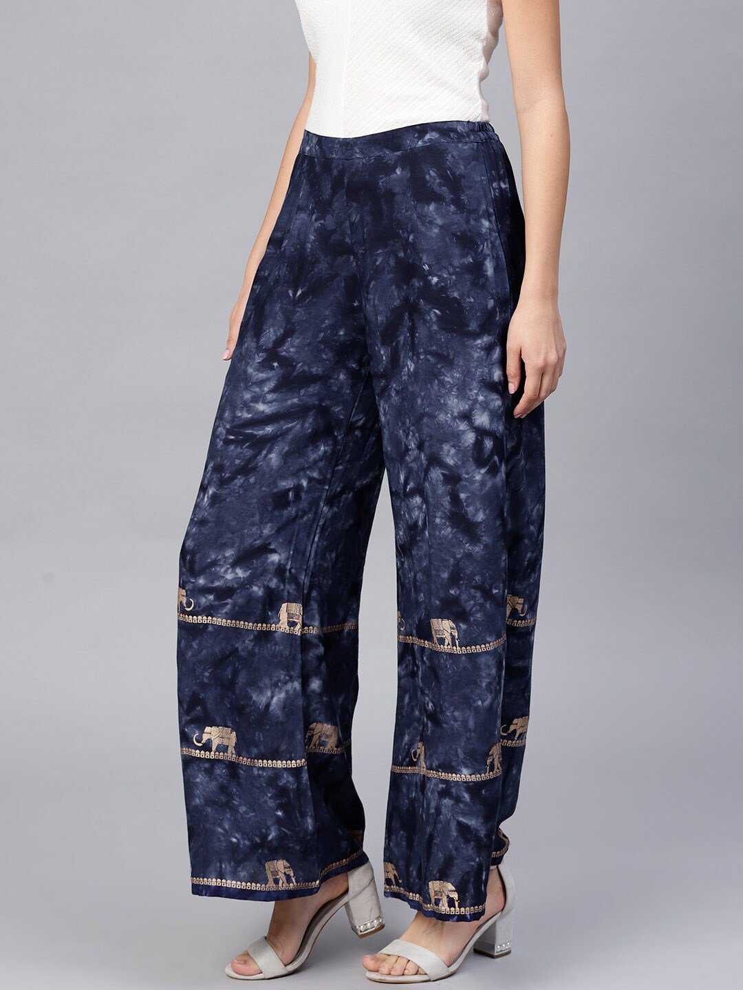 Women's  Navy Blue & Golden Printed Hem Design Wide Leg Palazzos