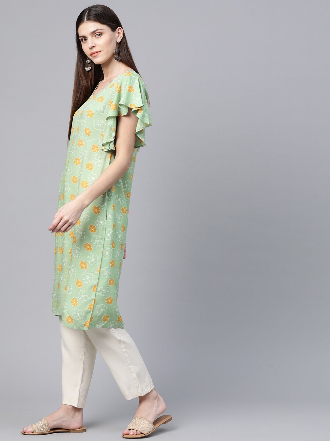 Women's  Green & Mustard Yellow Floral Printed Flutter Sleeves Long Tunic